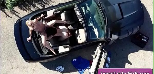  Amazing big tit sexy and horny lesbian babes Aidra Fox, Brandi Love finger fuck and lick pussy in their convertible car